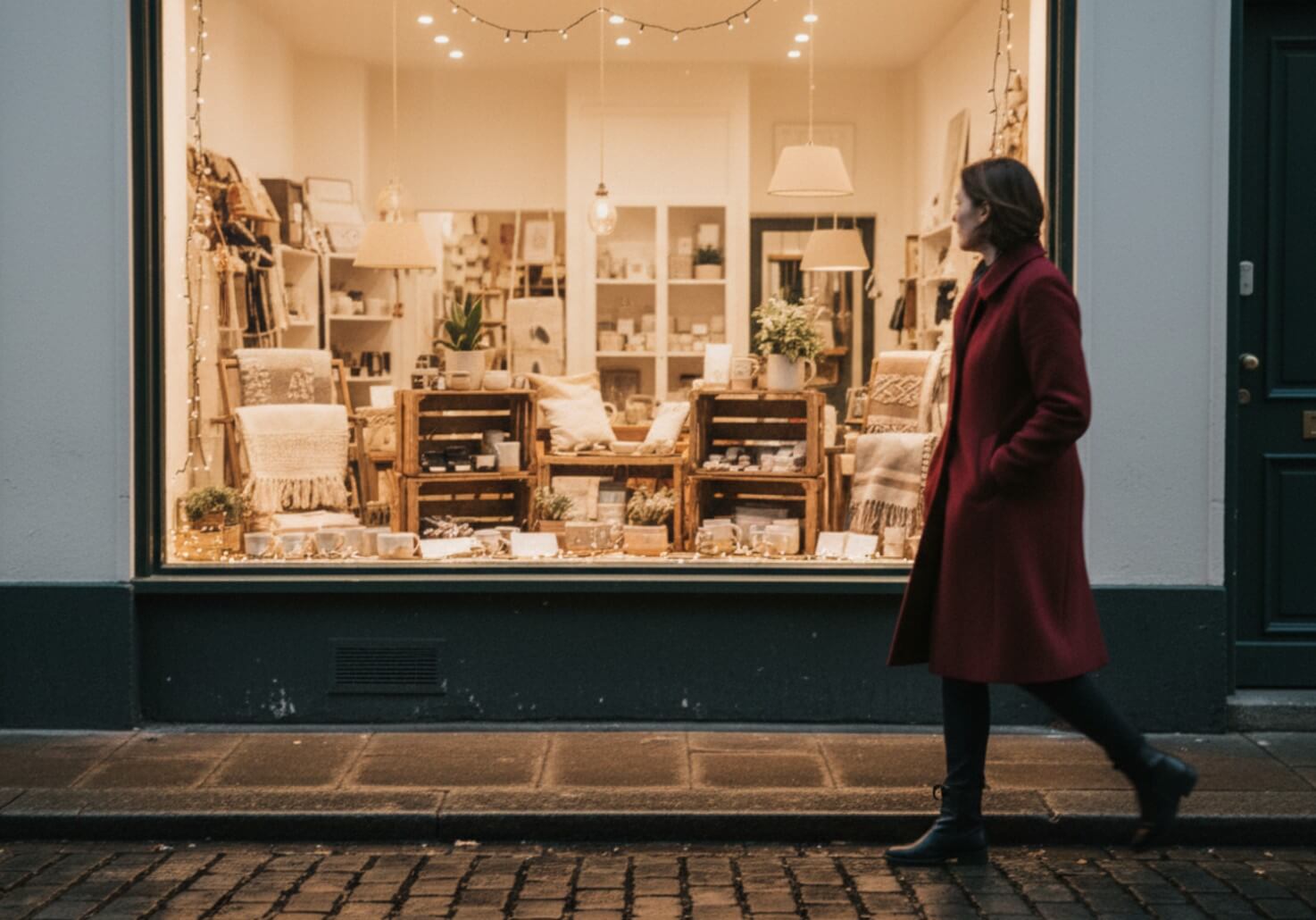 Instagram-Bio-Profil Frau im beerenroten Mantel läuft an einem beleuchteten Schaufenster vorbei und wirft nur einen kurzen Blick hinein, Symbol für Instagram-Bio und Profil