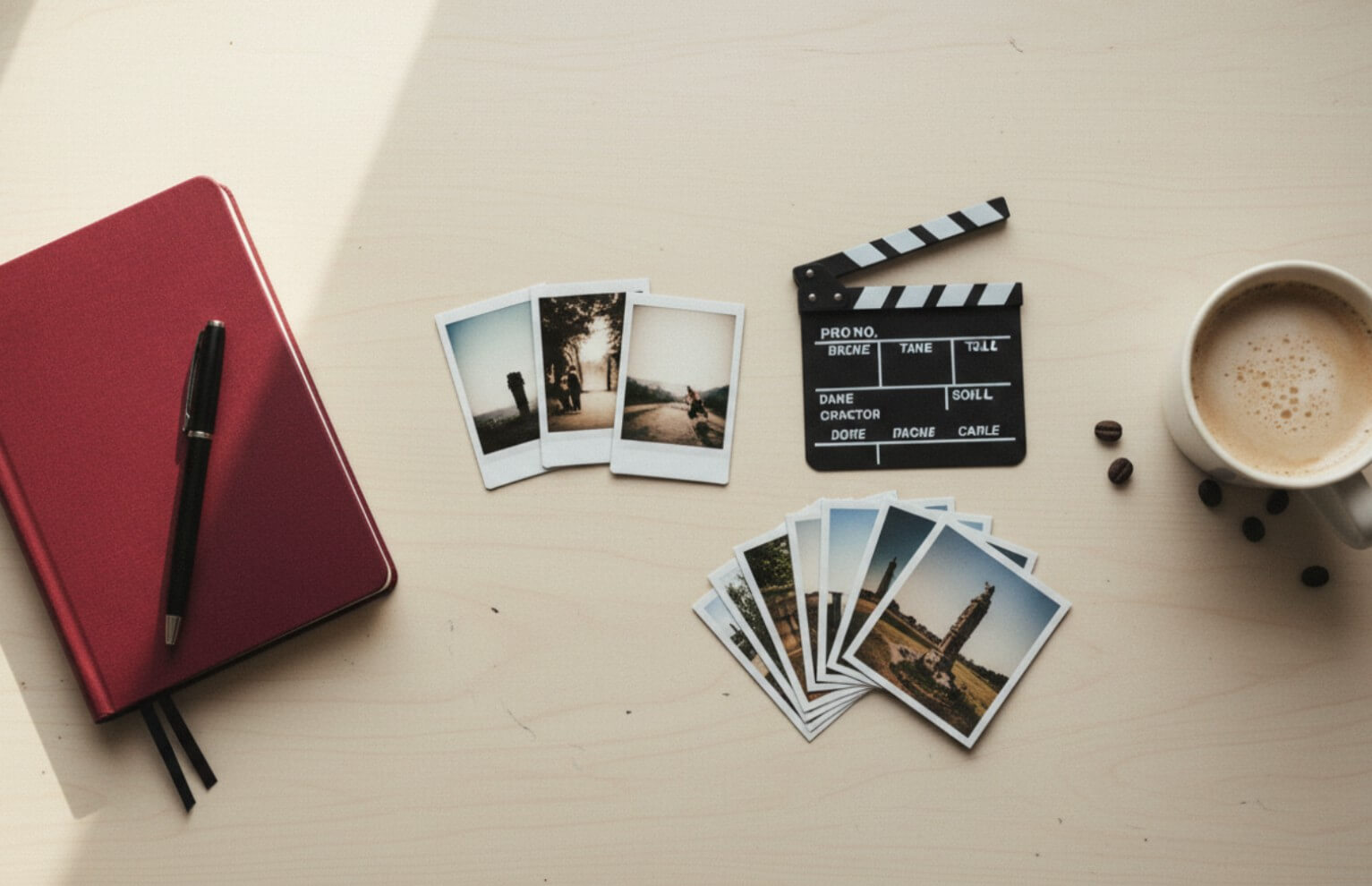 Instagram-Content Schreibtisch von oben mit rotem Notizbuch, Polaroids, Filmklappe, aufgefächerten Fotokarten und Cappuccino als Symbol für Instagram Content mit Story, Reel und Karussell