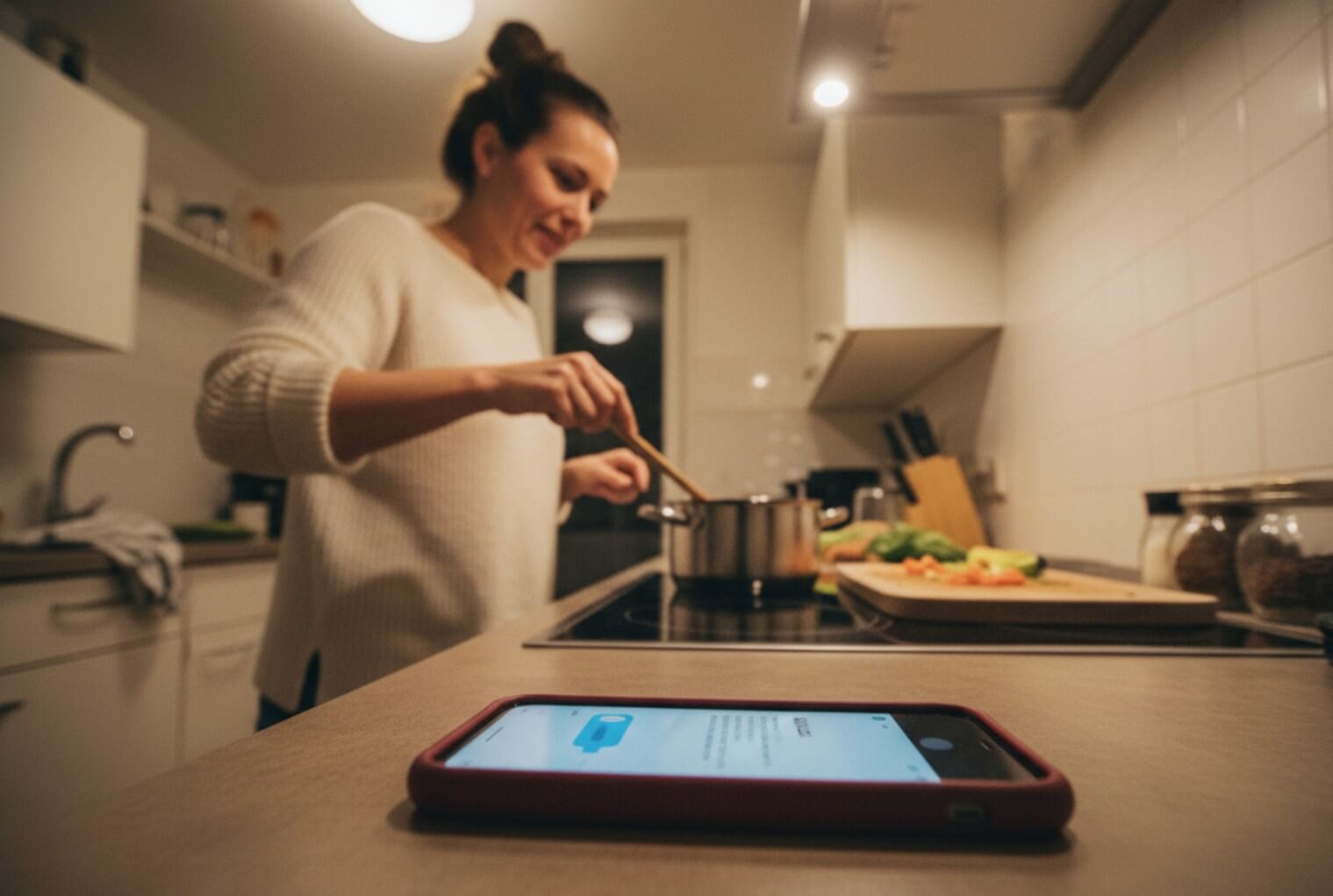 Instagram-Verkaufssystem Frau kocht am Ceranfeld und schaut kurz zu ihrem Handy, das auf der Arbeitsplatte mit einer neuen Nachricht aufleuchtet, Symbol für ein Instagram Verkaufssystem