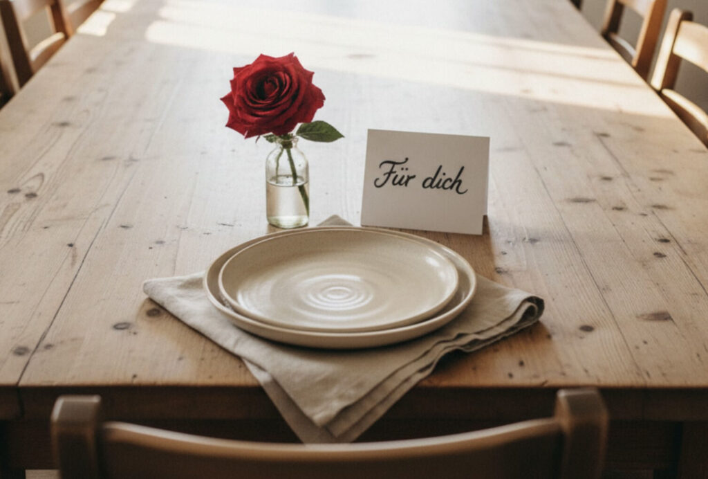 Langer Holztisch mit nur einem gedeckten Platz, Teller, rote Rose und Tischkarte „Für dich“ als Symbol für Zielgruppe finden auf Instagram