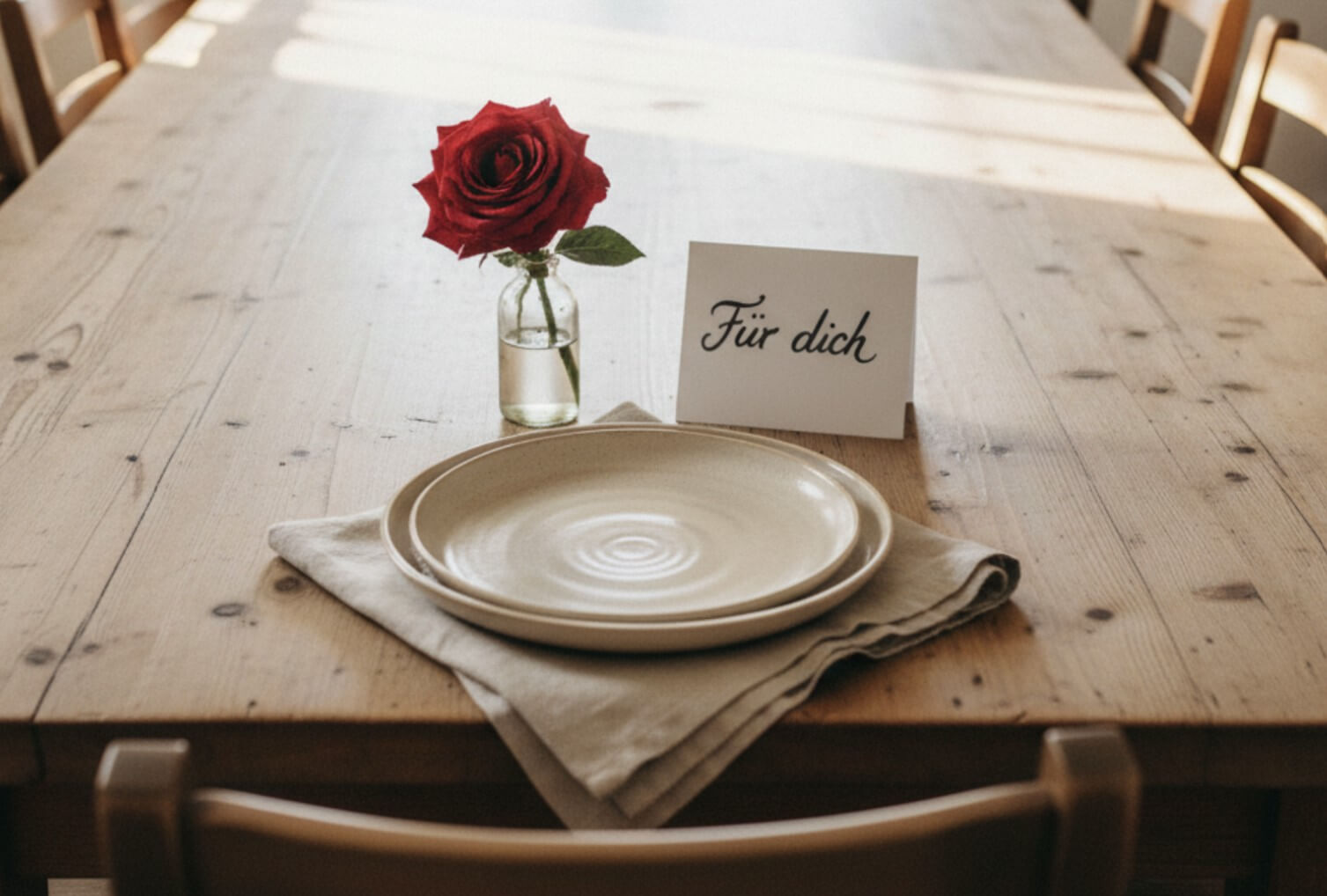 Zielgruppe-Positionierung Langer Holztisch mit nur einem gedeckten Platz, Teller, rote Rose und Tischkarte „Für dich“ als Symbol für Zielgruppe finden auf Instagram